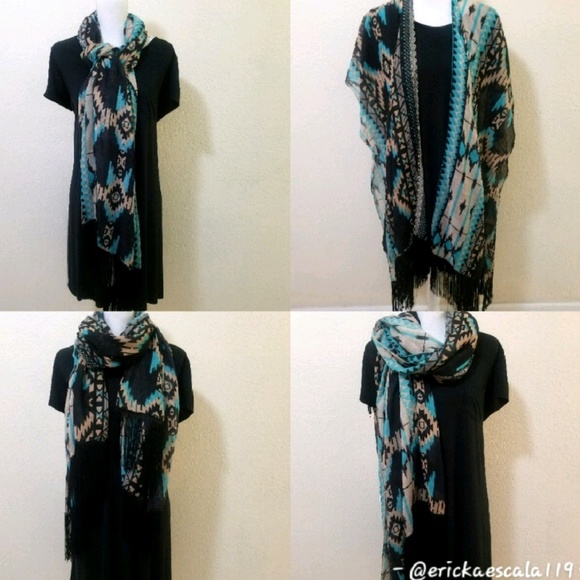 Vera Accessories - Tribal Print Turquoise/Black/Beige Wrap-Scarf